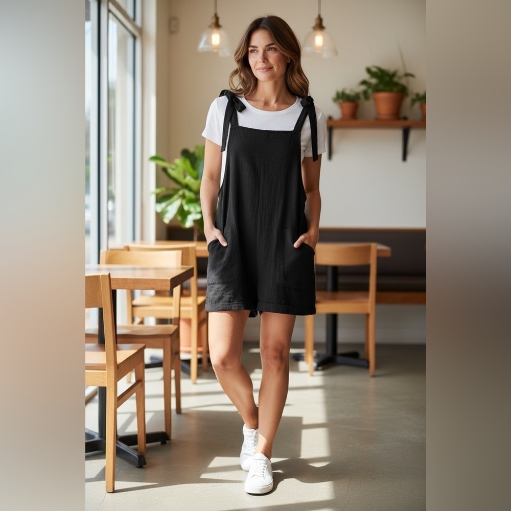 Tie Knot Strap Overall Shorts Pocket Jumpsuit Black